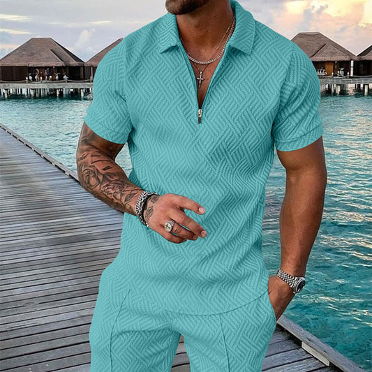 Men's Summer Fashion 3D Printed Short Sleeve Geometric Zip Lapel Shirt Set