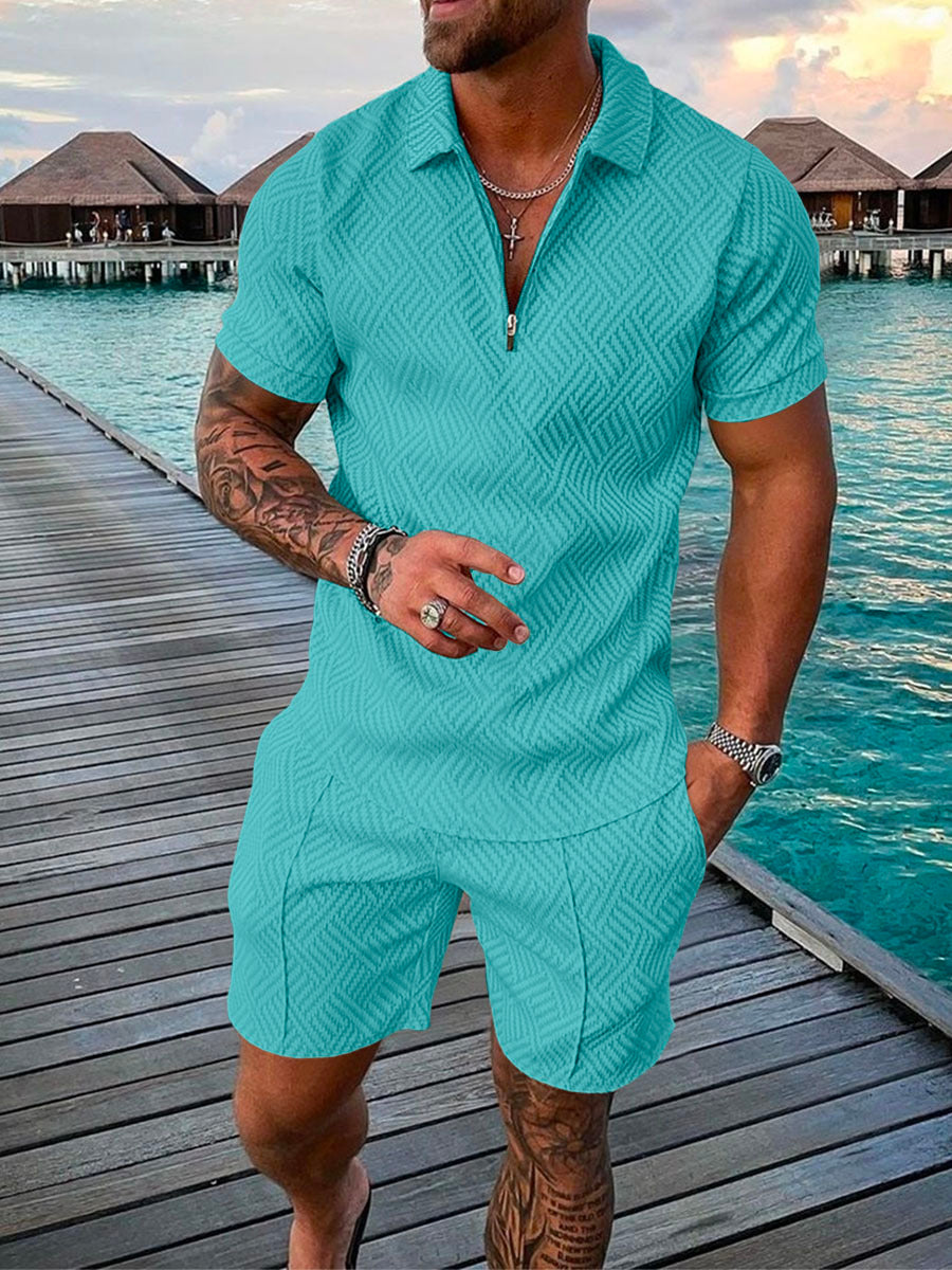 Men's Summer Fashion 3D Printed Short Sleeve Geometric Zip Lapel Shirt Set